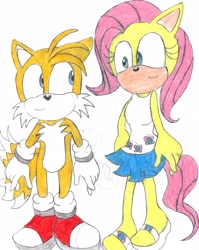 Size: 2424x3040 | Tagged: safe, artist:bluespeedsfan92, imported from derpibooru, fluttershy, anthro, plantigrade anthro, crossover, crossover shipping, female, fluttertails, interspecies, love, male, miles "tails" prower, shipping, sonic the hedgehog (series), sonicified, straight, style emulation, traditional art