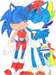 Size: 2198x2911 | Tagged: safe, artist:bluespeedsfan92, imported from derpibooru, rainbow dash, anthro, crossover, crossover shipping, eyes closed, female, interspecies, kiss on the lips, kissing, male, rainbow blitz, request, rule 63, shipping, simple background, sonic the hedgehog, sonic the hedgehog (series), sonicdash, straight, style emulation, traditional art, white background