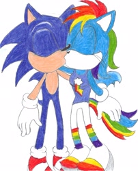 Size: 2370x2930 | Tagged: safe, artist:bluespeedsfan92, imported from derpibooru, rainbow dash, anthro, plantigrade anthro, crossover, crossover shipping, female, interspecies, kissing, love, male, shipping, sonic the hedgehog, sonic the hedgehog (series), sonicdash, sonicified, straight, style emulation, traditional art