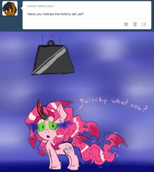 Size: 850x950 | Tagged: safe, artist:ichibangravity, imported from derpibooru, king sombra, pinkie pie, ask king sombra pie, possessed, possession, tumblr, twitchy tail, weight
