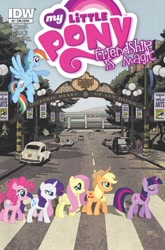 Size: 1000x1518 | Tagged: safe, idw, imported from derpibooru, applejack, fluttershy, pinkie pie, rainbow dash, rarity, twilight sparkle, abbey road, album cover, cover, gaslamp quarter, mane six, san diego, san diego comic con, the beatles