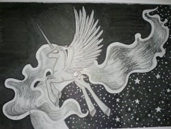 Size: 1024x768 | Tagged: safe, artist:penkatshi, imported from derpibooru, princess luna, eyes closed, female, monochrome, solo, traditional art