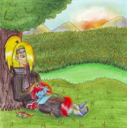 Size: 3208x3230 | Tagged: safe, artist:speedfeather, imported from derpibooru, oc, human, crossover, deidara, duo, naruto, traditional art