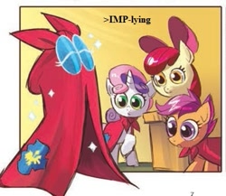 Size: 369x321 | Tagged: safe, idw, imported from derpibooru, apple bloom, imp the mimicker, scootaloo, sweetie belle, mimicker, cutie mark crusaders, implying, pun
