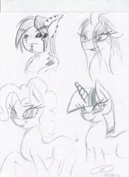 Size: 850x1170 | Tagged: safe, artist:digitaldomain123, imported from derpibooru, pinkie pie, queen chrysalis, twilight sparkle, oc, monochrome