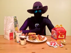 Size: 1440x1080 | Tagged: safe, artist:ordinarymare, imported from derpibooru, mare do well, human, bacon, cosplay, fast food, food, irl, irl human, photo, solo, table