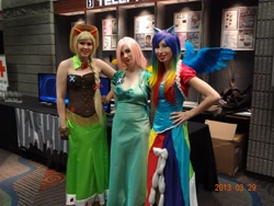 Size: 2592x1944 | Tagged: artist needed, safe, artist:jacky-the-nerd, artist:jessig, artist:rougeleaderred, imported from derpibooru, applejack, fluttershy, rainbow dash, human, 2013, clothes, convention, corset, cosplay, dress, gala dress, irl, irl human, mtac, photo