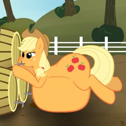 Size: 1280x1280 | Tagged: safe, artist:putinforgod, imported from derpibooru, applejack, belly, big belly, cider, female, inflation, solo