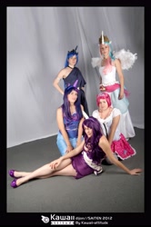 Size: 3575x5400 | Tagged: safe, artist:fairytinga, imported from derpibooru, pinkie pie, princess celestia, princess luna, rarity, twilight sparkle, human, cosplay, irl, irl human, photo