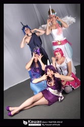 Size: 3575x5400 | Tagged: safe, artist:fairytinga, imported from derpibooru, pinkie pie, princess celestia, princess luna, rarity, twilight sparkle, human, cosplay, irl, irl human, photo