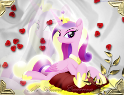 Size: 1955x1504 | Tagged: safe, artist:bludraconoid, imported from derpibooru, princess cadance, female, heart, pillow, solo