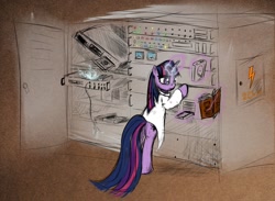 Size: 1045x765 | Tagged: safe, artist:spacehunt, imported from derpibooru, twilight sparkle, pony, unicorn, butt, clothes, computer, female, hdd, lab coat, magic, mainframe, paper, plot, repair, science, server, solo, technician, twibutt, unicorn twilight