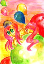 Size: 591x864 | Tagged: safe, artist:buttersprinkle, imported from derpibooru, fluttershy, balloon, female, solo, traditional art