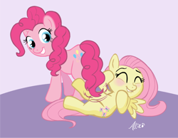 Size: 800x620 | Tagged: safe, artist:alliepurr, imported from derpibooru, fluttershy, pinkie pie, blushing, female, flutterpie, lesbian, shipping, tickling