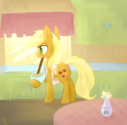 Size: 800x786 | Tagged: safe, artist:meekcheep, imported from derpibooru, applejack, earth pony, pony, apron, bowl, butt, clothes, cooking, cottagecore, female, flower, interior, kitchen, mare, mouth hold, plot, solo, table, vase