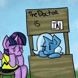 Size: 500x500 | Tagged: safe, artist:fauxsquared, imported from derpibooru, trixie, twilight sparkle, alicorn, pony, charlie brown, female, lucy's advice booth, mare, peanuts, twilight sparkle (alicorn)