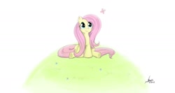 Size: 2000x1063 | Tagged: safe, artist:ncmares, imported from derpibooru, fluttershy, butterfly, animal, female, grass, looking at something, looking up, sitting, solo