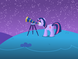 Size: 1704x1300 | Tagged: safe, artist:cyberglass, imported from derpibooru, twilight sparkle, unicorn, female, night, solo, stargazing, telescope, unicorn twilight