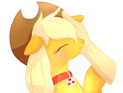 Size: 2000x1500 | Tagged: safe, artist:sion, imported from derpibooru, applejack, human, pony, ask pet applejack, collar, disembodied hand, human on pony petting, petting