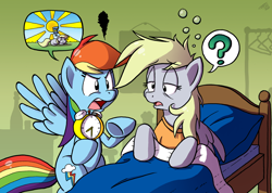 Size: 1100x784 | Tagged: safe, artist:tobibrocki, imported from derpibooru, derpy hooves, rainbow dash, pegasus, pony, bed, bed mane, clock, female, mare, morning ponies, sleepy