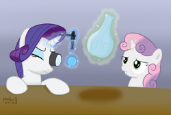 Size: 1200x807 | Tagged: safe, artist:phallen1, imported from derpibooru, rarity, sweetie belle, gem, jewel, magic, tools