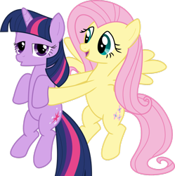 Size: 1280x1287 | Tagged: dead source, safe, artist:firefoxyuki, imported from derpibooru, fluttershy, twilight sparkle, pony, friendship is magic, cute, duo, holding a pony, simple background, transparent background, vector