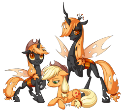 Size: 1230x1120 | Tagged: safe, artist:heilos, imported from derpibooru, applejack, changeling, changeling queen, fanfic:changelings of harmony, fanfic:six queens, fanfic:the advent of applejack, applejack's hat, appleling, changelingified, cover art, cowboy hat, fanfic art, fanfic cover, hat, orange changeling, queen applejack, simple background, species swap, stetson, white background