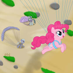 Size: 1200x1200 | Tagged: safe, artist:phallen1, imported from derpibooru, limestone pie, marble pie, pinkie pie, flying, paraglider, parasailing