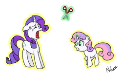 Size: 1280x768 | Tagged: safe, artist:cwossie, imported from derpibooru, rarity, sweetie belle, levitation, scissors