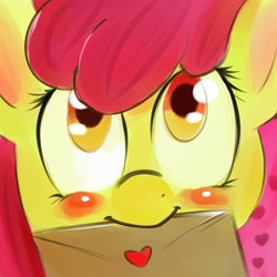 Size: 2000x2000 | Tagged: safe, artist:kryptchild, imported from derpibooru, apple bloom, adorabloom, blushing, close-up, cute, female, heart, letter, love letter, mouth hold, solo