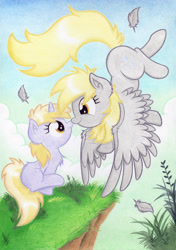 Size: 2000x2839 | Tagged: safe, artist:agamnentzar, imported from derpibooru, derpy hooves, dinky hooves, pegasus, pony, boop, chest fluff, cliff, cute, derpabetes, diadinkes, dinkabetes, equestria's best mother, feather, female, flying, mare, nuzzling