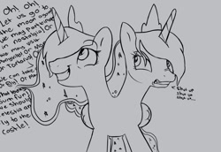 Size: 880x605 | Tagged: safe, artist:nohooves, imported from derpibooru, princess luna, conjoined, conjoined twins, dialogue, i dont even, monochrome, multiple heads, two heads, wat, we have become one