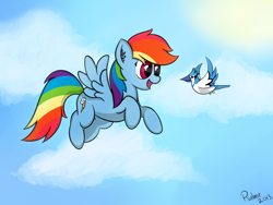Size: 2000x1500 | Tagged: safe, artist:psalmie, imported from derpibooru, rainbow dash, cloud, female, flying, sky, solo