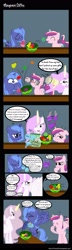 Size: 1100x3800 | Tagged: safe, artist:treez123, imported from derpibooru, princess cadance, princess celestia, princess luna, bikini, bloodshot eyes, cewestia, clothes, comic, cute, eye bulging, eye popping, fake breasts, filly, fruit, megaphone, pink-mane celestia, pomf, s1 luna, swimsuit, wingboner, woona