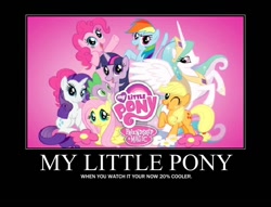 Size: 750x574 | Tagged: safe, imported from derpibooru, applejack, fluttershy, pinkie pie, princess celestia, rainbow dash, rarity, spike, twilight sparkle, demotivational poster, fim logo, hello 2011, mane seven, mane six, mane six opening poses, meme, misspelling, my little pony logo