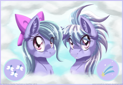 Size: 1024x707 | Tagged: safe, artist:inuhoshi-to-darkpen, imported from derpibooru, cloudchaser, flitter, pegasus, pony, bow, bust, cheek fluff, chest fluff, cutie mark, duo, ear fluff, female, fluffy, hair bow, looking at you, mare, portrait, sisters, smiling