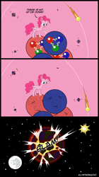 Size: 1740x3100 | Tagged: safe, artist:klystron2010, imported from derpibooru, pinkie pie, atom, comics, deconfinement, earth shattering kaboom, electron, frown, glare, gluon, helium, molecule, moon, neutron, nucleus, open mouth, pinkie being pinkie, pinkie physics, planet, pointing, proton, pun, quark, raised hoof, science, sun, wat, wide eyes