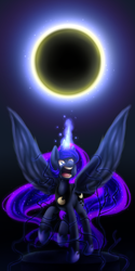 Size: 632x1264 | Tagged: dead source, safe, artist:spencella, imported from derpibooru, nightmare moon, princess luna, angry, crying, eclipse, magic, nightmare luna, origins, solar eclipse, solo, transformation