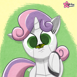 Size: 1501x1497 | Tagged: safe, artist:clouddg, imported from derpibooru, sweetie belle, butterfly, pony, robot, robot pony, unicorn, cute, diasweetes, female, filly, foal, hooves, horn, insect on nose, lying down, on back, solo, sweetie bot