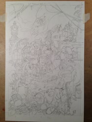 Size: 852x1136 | Tagged: safe, artist:andypriceart, idw, imported from derpibooru, angel bunny, applejack, fluttershy, pinkie pie, princess celestia, princess luna, rainbow dash, rarity, twilight sparkle, earth pony, pony, unicorn, bicorne, cover, female, hat, mane six, mare, monochrome, photo, pirate, traditional art