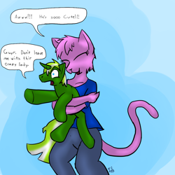 Size: 1000x1000 | Tagged: safe, artist:short circuit, imported from derpibooru, oc, oc only, oc:circuit mane, anthro, catgirl, crazy cat lady, hug, pink, pun, visual pun