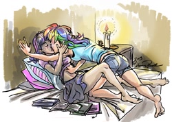 Size: 1264x902 | Tagged: safe, artist:ddhew, imported from derpibooru, rainbow dash, twilight sparkle, human, barefoot, bed, book, candle, clothes, eyes closed, feet, female, humanized, kissing, lesbian, pillow, shipping, shirt lift, skirt, twidash