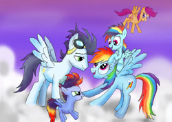 Size: 1024x724 | Tagged: safe, artist:raggyrabbit94, imported from derpibooru, rainbow dash, scootaloo, soarin', oc, auntie scootaloo, family, female, male, offspring, older, parent:rainbow dash, parent:soarin', parents:soarindash, shipping, soarindash, straight