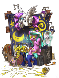 Size: 1125x1500 | Tagged: safe, artist:atryl, imported from derpibooru, oc, oc only, oc:blank canvas, oc:hoof beatz, oc:mane event, bronycon, bronycon mascots, headphones, hoofevent, messy, microphone, paint, record