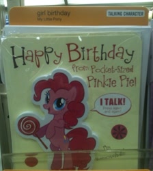 Size: 500x557 | Tagged: safe, imported from derpibooru, pinkie pie, pony, bipedal, birthday, birthday card, card, hallmark, happy birthday, irl, lollipop, merchandise, photo, solo, speech bubble, text