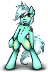 Size: 741x1100 | Tagged: safe, artist:kairaanix, imported from derpibooru, lyra heartstrings, pony, unicorn, bipedal, ear piercing, female, piercing, solo, tattoo