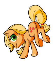 Size: 1011x1167 | Tagged: safe, artist:8-bitwatermelon, imported from derpibooru, applejack, bucking, female, looking back, simple background, solo, underhoof