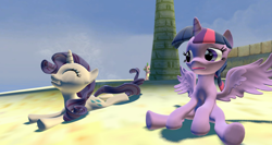 Size: 1500x800 | Tagged: dead source, safe, artist:flare-chaser, imported from derpibooru, rarity, twilight sparkle, alicorn, pony, 3d, beach, female, gmod, grin, mare, sitting, sunbathing, twilight sparkle (alicorn)