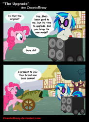 Size: 726x992 | Tagged: safe, artist:silverslinger, deleted from derpibooru, imported from derpibooru, dj pon-3, pinkie pie, vinyl scratch, fish, bass cannon, comic, facehoof, literal, pun