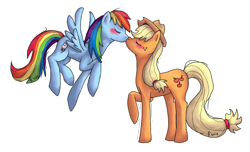 Size: 1296x788 | Tagged: safe, artist:malicieuxx, imported from derpibooru, applejack, rainbow dash, earth pony, pegasus, pony, appledash, blushing, duo, eyes closed, female, floating, kiss on the lips, kissing, lesbian, mare, shipping